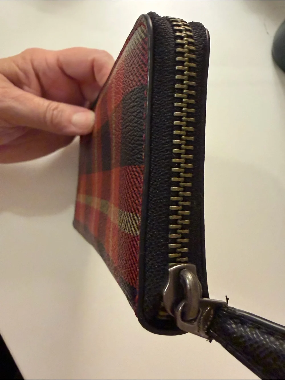 Coach Red Plaid Zip-Around Wallet with Black Accents